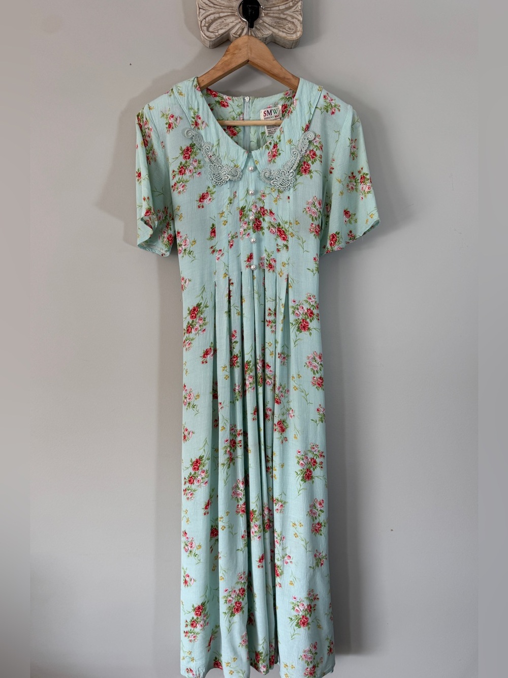 Vintage 90s SMW Style My Way seafoam blue Floral Dress Small Rayon Cottagecore - Picture 6 of 14